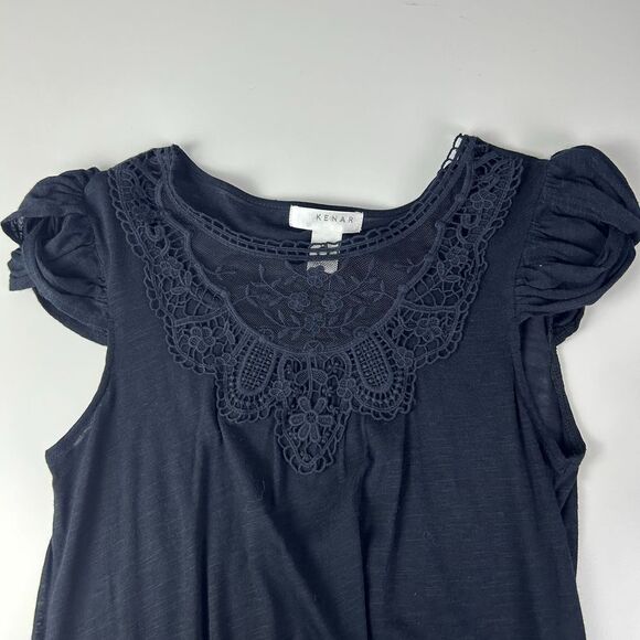 KENAR Black Cotton Blend Cap Sleeve Embroidered Lace Neck Shift Top Size Medium - Picture 3 of 12